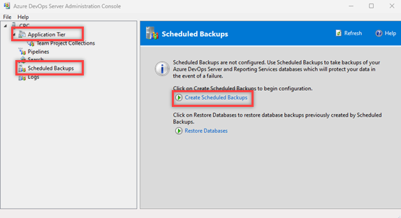 Screenshot mostra i pulsanti per la selezione nella console di amministrazione per creare il backup pianificato.