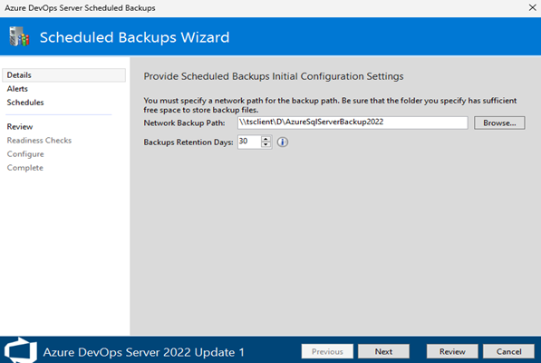Screenshot mostra il percorso di backup di rete immesso.