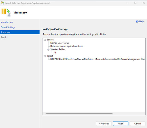 Screenshot mostra il riepilogo delle impostazioni specificate.