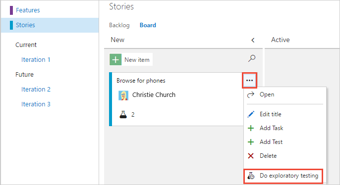 Screenshot che mostra l'apertura della voce di menu Esegui test esplorativi.