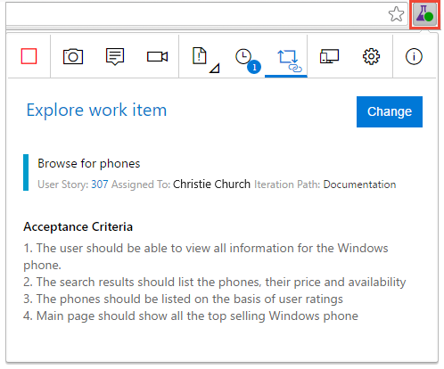Screenshot che mostra l'avvio dell'estensione Test - Feedback.