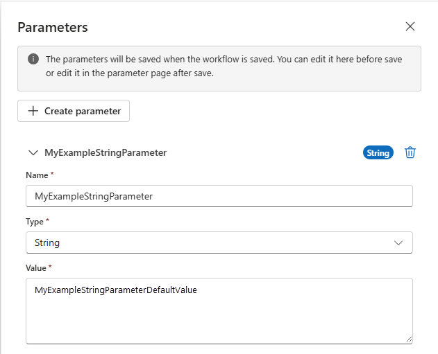 Screenshot che mostra il portale di Azure con la finestra di progettazione del flusso di lavoro e il riquadro Parametri con una definizione di parametro di esempio.