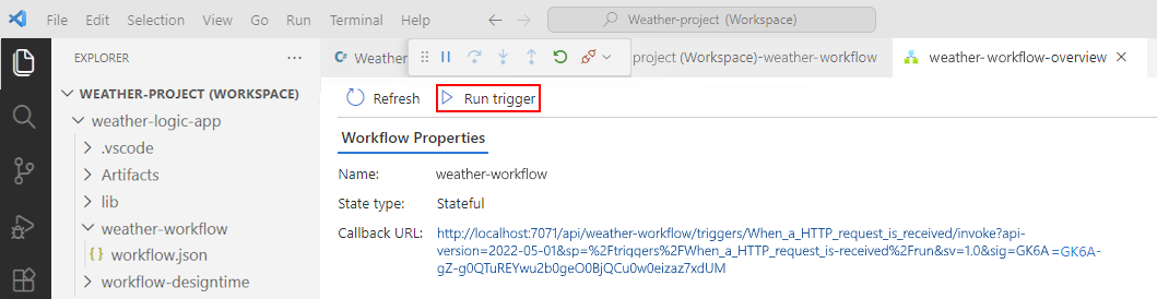 Screenshot mostra Visual Studio Code e la pagina Panoramica aperta del flusso di lavoro.