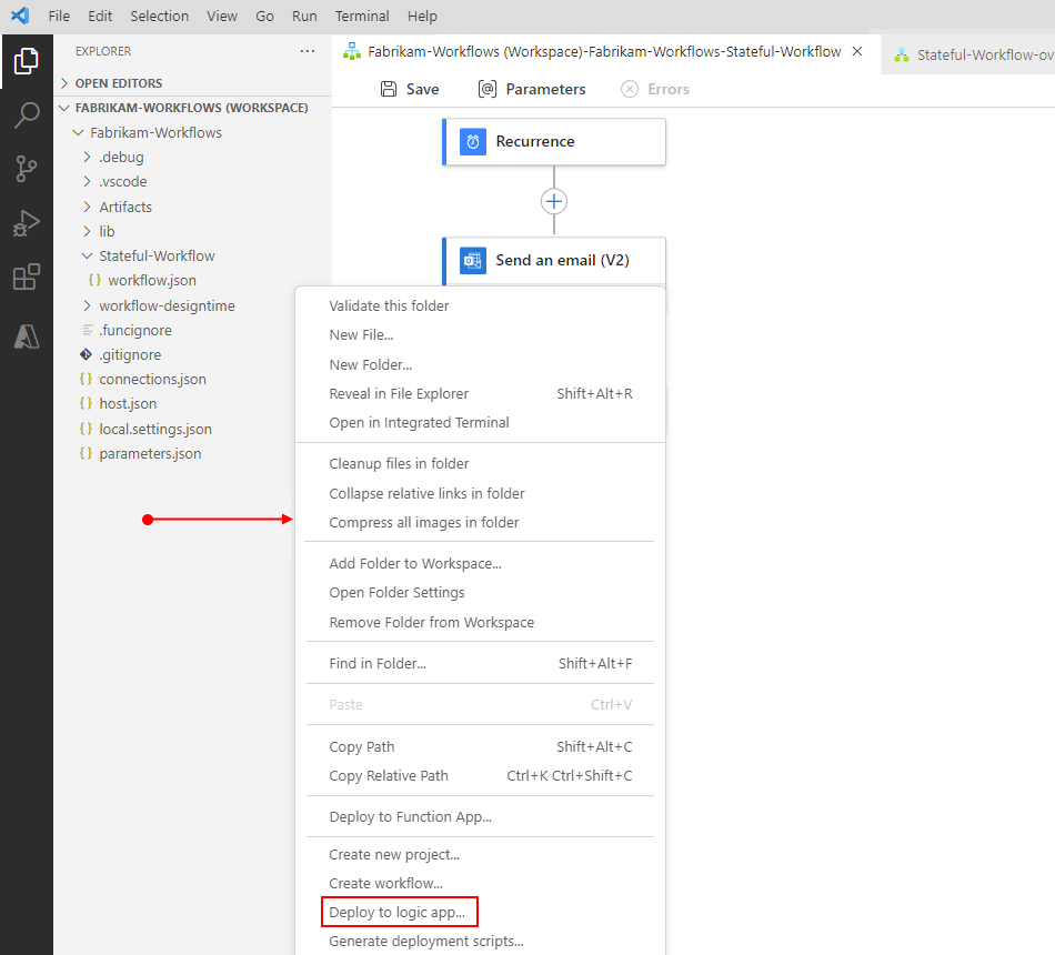 Screenshot che mostra il riquadro Explorer, il menu di scelta rapida aperto dall'area vuota nel progetto e l'opzione selezionata per Distribuisci nell'app per la logica.