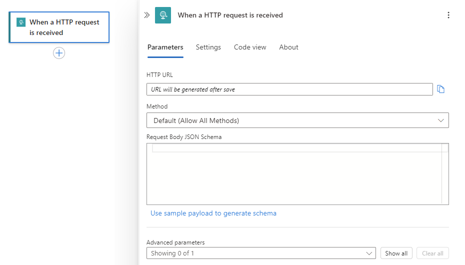 Screenshot mostra il riquadro informazioni per il trigger chiamato Quando viene ricevuta una richiesta HTTP.