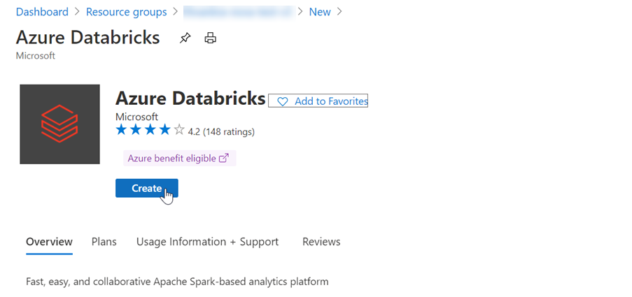 Screenshot che mostra l'offerta di Azure Databricks con l'opzione Crea selezionata.