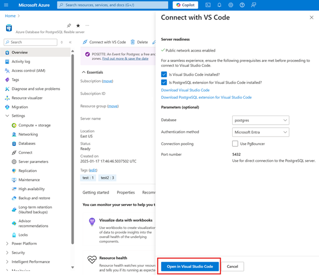 Screenshot del portale di Azure che mostra un'istanza di Database di Azure per PostgreSQL con il pannello Connetti con Visual Studio Code. Il pulsante apri in Visual Studio Code è evidenziato.