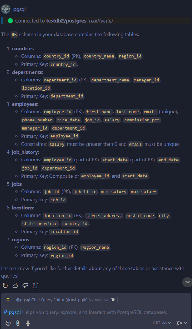 Screenshot della risposta di Chat di Copilot che mostra una suddivisione dettagliata delle tabelle e delle colonne nello schema HR di un database PostgreSQL.