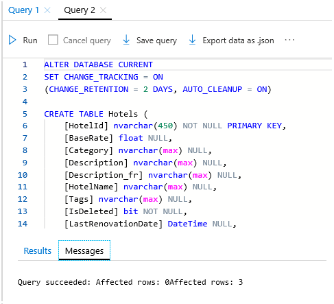 Screenshot dello script SQL in una finestra del Query Editor.