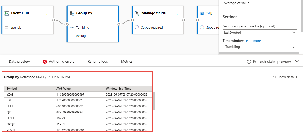 Screenshot che mostra l'anteprima dei dati per l'operatore group by.