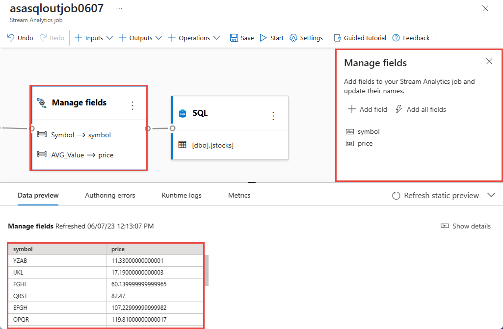 Screenshot che mostra la configurazione dell'operatore manage field.