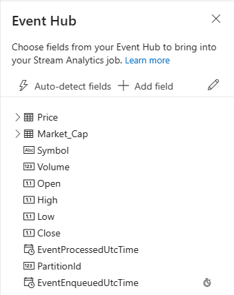 Screenshot che mostra l'elenco dei campi di Hub eventi in cui è possibile rimuovere, rinominare o modificare il tipo di campo.