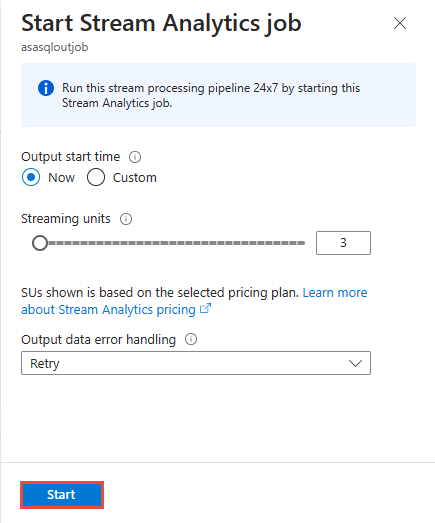 Screenshot che mostra le opzioni di avvio del processo di Analisi di flusso in cui è possibile modificare l'ora di output, impostare il numero di unità di streaming e selezionare le opzioni di gestione degli errori dei dati di output.