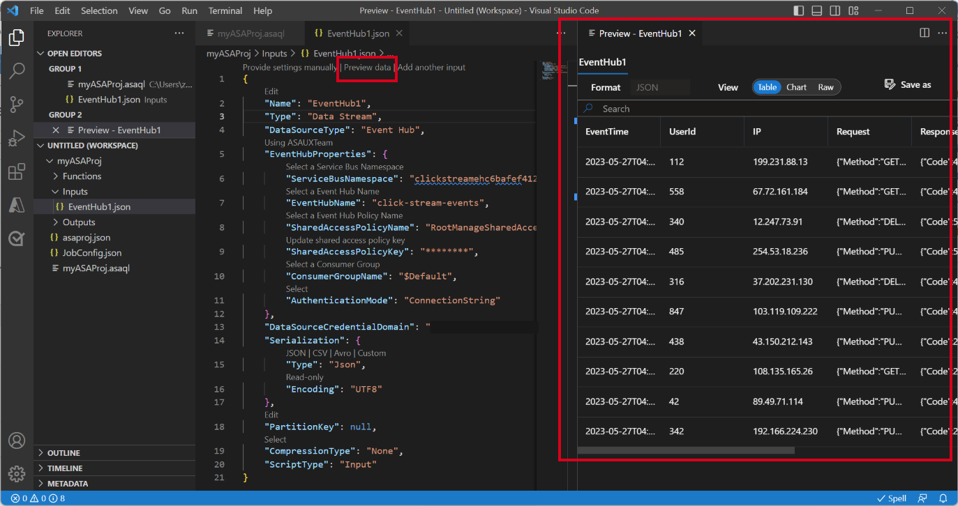 Screenshot dell'estensione VS Code che visualizza l'anteprima dei dati di input in tempo reale.