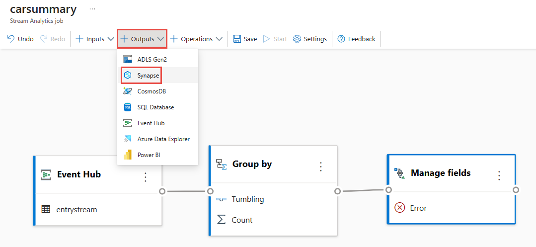 Screenshot della barra dei comandi con Outputs e Synapse selezionati.