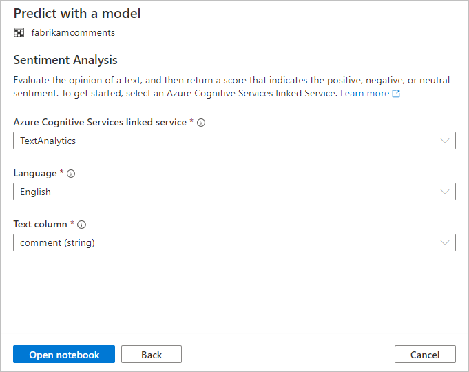 Screenshot che mostra le selezioni per configurare l'analisi del sentiment.
