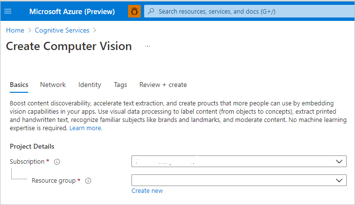 Screenshot che mostra Computer Vision nel portale, con il pulsante Crea.