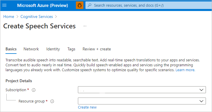 Screenshot che mostra Voce nel portale con il pulsante Crea.