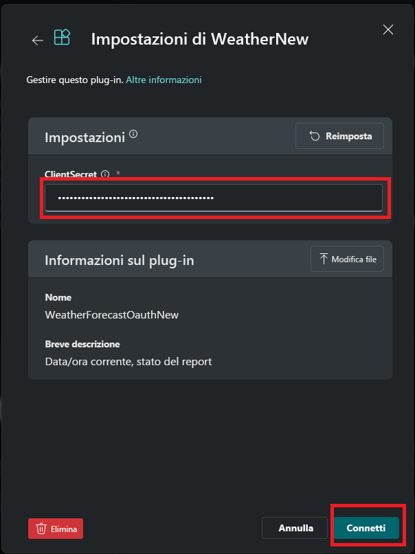 Screenshot che mostra il passaggio per immettere il segreto client