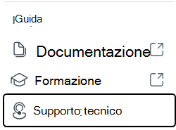 Screenshot che mostra le opzioni di menu dell'icona della Guida, tra cui documentazione, formazione e supporto.