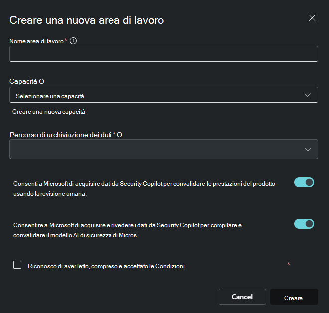 Immagine della creazione di un'area di lavoro.