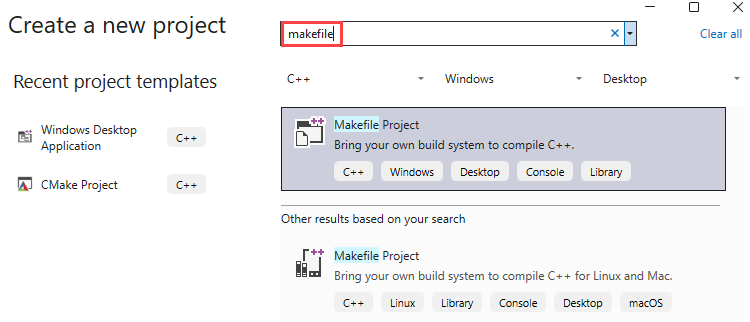 Screenshot della finestra di dialogo Crea un nuovo progetto. La casella di testo Crea un nuovo campo di testo del progetto contiene il testo makefile.