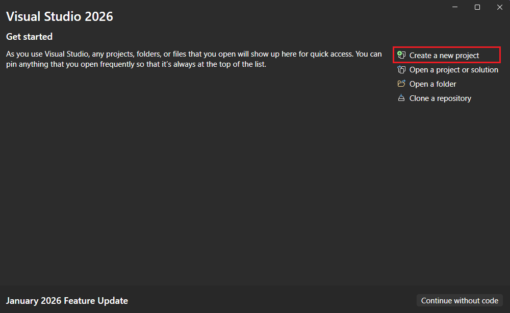 Crea un nuovo pulsante di progetto selezionato nella pagina iniziale Visual Studio
