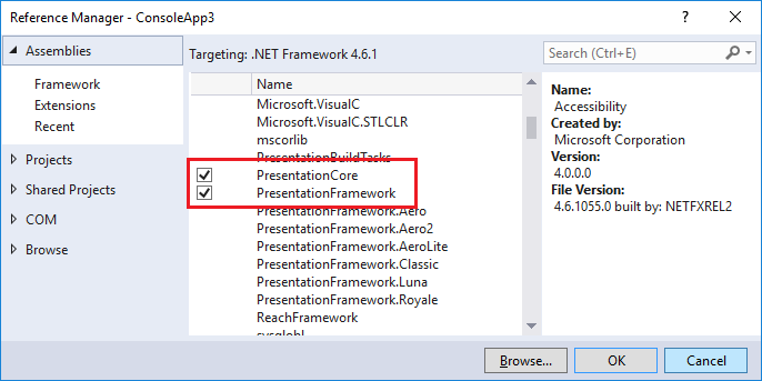Gestore di riferimenti che mostra PresentationCore e PresentationFramework