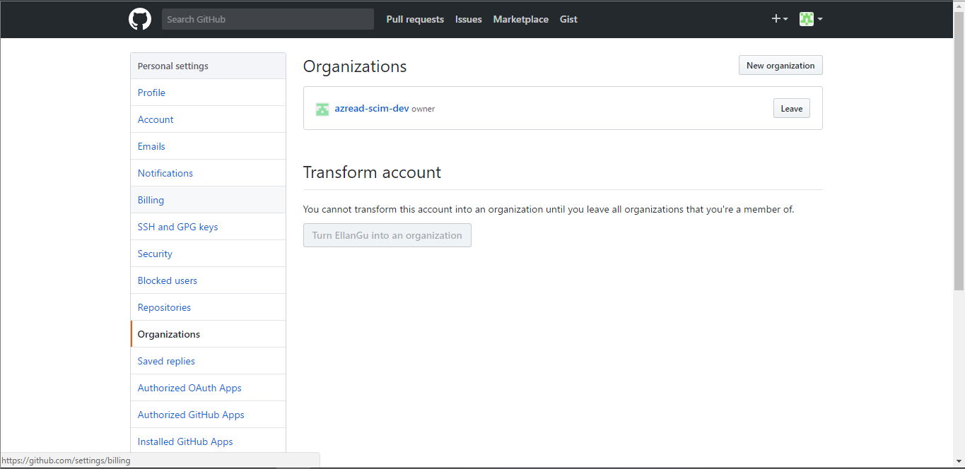 Screenshot che mostra la pagina delle Organizzazioni su GitHub.