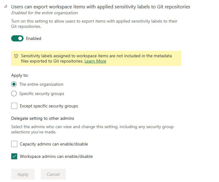 Screenshot del selettore delle etichette di riservatezza.