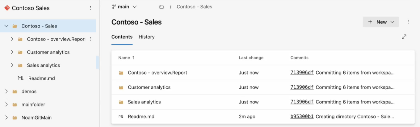 Screenshot dell'area di lavoro e del ramo Git corrispondente con sottocartelle.