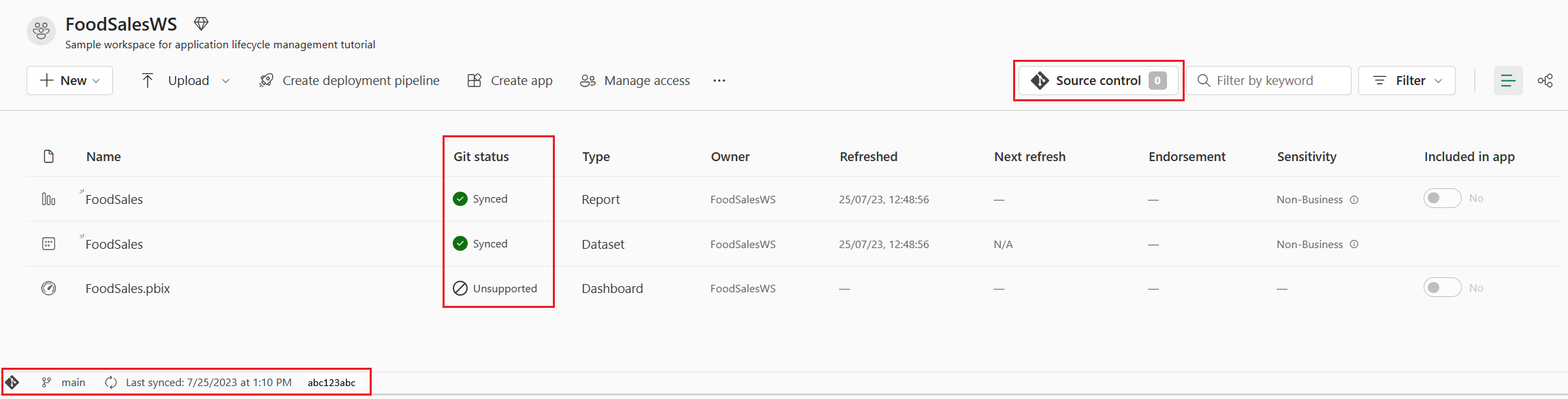 Screenshot dell'icona del codice sorgente e delle altre informazioni relative a Git.
