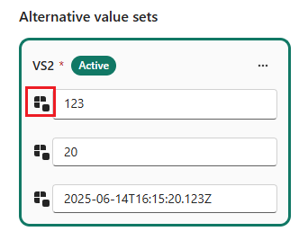 Screenshot di una libreria di variabili che mostra un pulsante di reimpostazione accanto a ogni valore di una variabile.