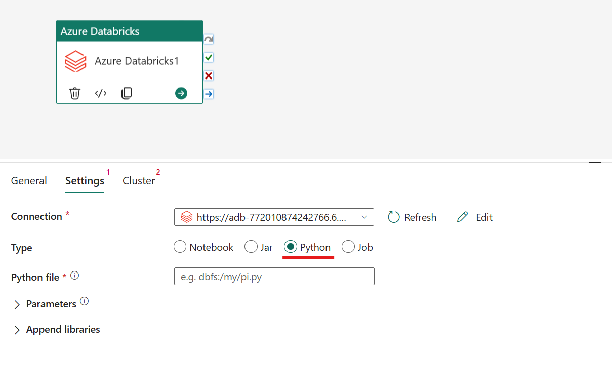 Screenshot che mostra il tipo Python dell'attività di Azure Databricks.