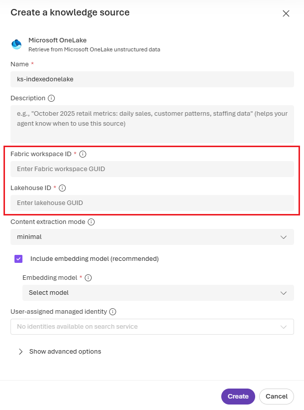 Screenshot che mostra l'inserimento degli ID dell'area di lavoro e del lakehouse per creare la fonte di conoscenza OneLake.