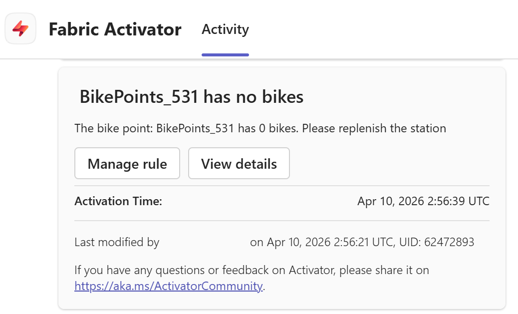 Screenshot di un avviso di Teams di esempio.
