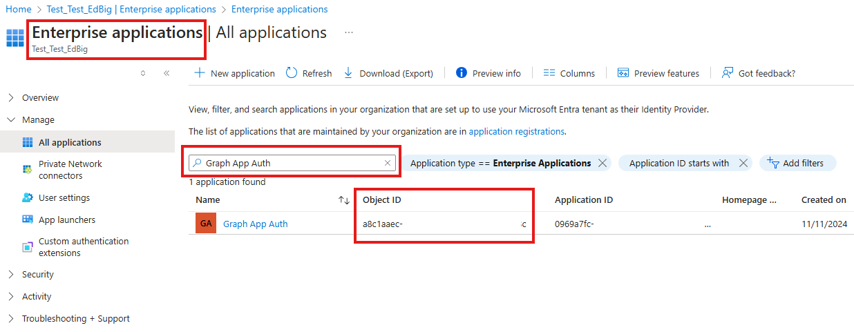 Screenshot of the enterprise applications page.