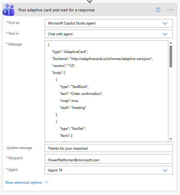 Pubblica scheda adattiva e attendi una risposta in Power Automate.
