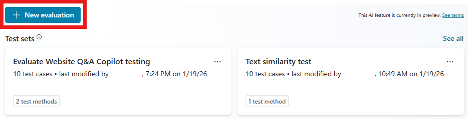 Screenshot che mostra il pulsante Crea nuovo test nella pagina Valutazione.