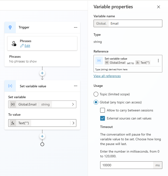 Screenshot della configurazione per una variabile globale da impostare da un'origine esterna.