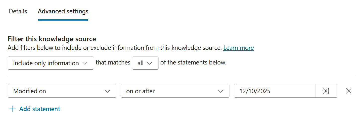Screenshot delle impostazioni avanzate dell'origine della Knowledge Base di SharePoint, che mostra un esempio delle impostazioni configurate.