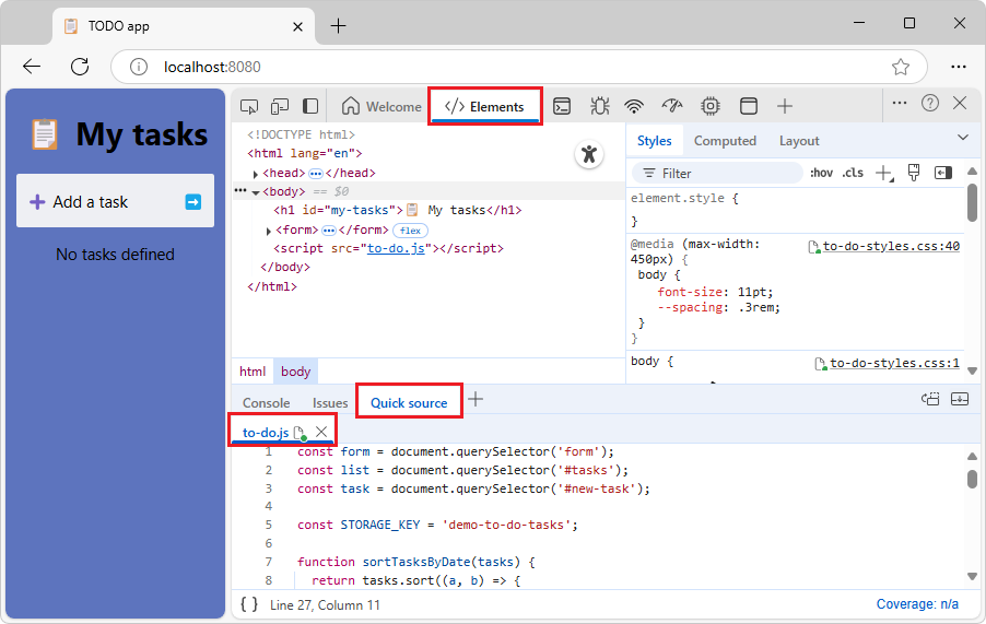 The Quick source tool, containing the opened .js file
