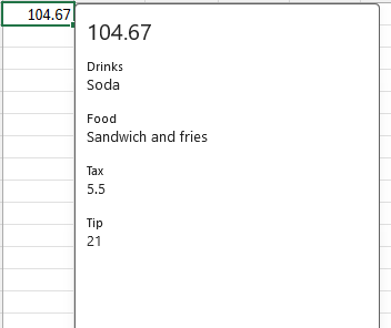Data type card showing values for drinks, food, tax, and tip properties.