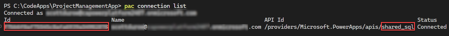 Power Platform connections list showing SQL connection