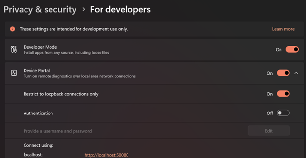 Screenshot of Windows Settings Privacy & security For developers page with Device Portal and Developer Mode options enabled.