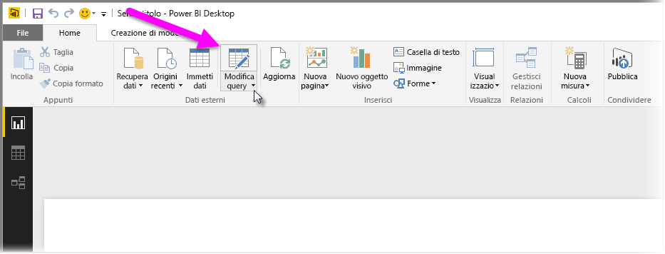 Screenshot dell'editor di Power Query in Power BI Desktop, che mostra la selezione Trasforma dati.