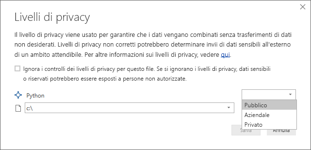 Screenshot della finestra di dialogo Livelli di privacy, che mostra che 