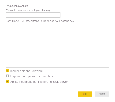 Screenshot delle opzioni avanzate di SQL Server.