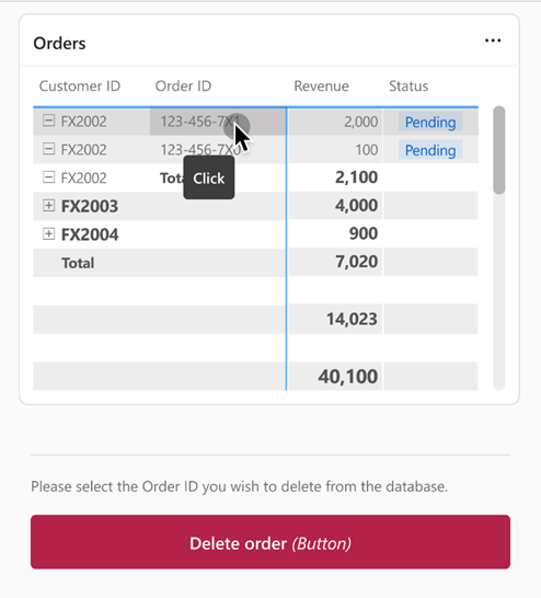 Screenshot che mostra lo stesso esempio di report con una tabella e un pulsante della funzione dati. La tabella include una riga selezionata e il pulsante è abilitato.