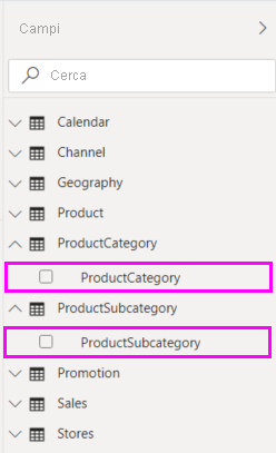Cattura schermo delle colonne nell'elenco Campi.